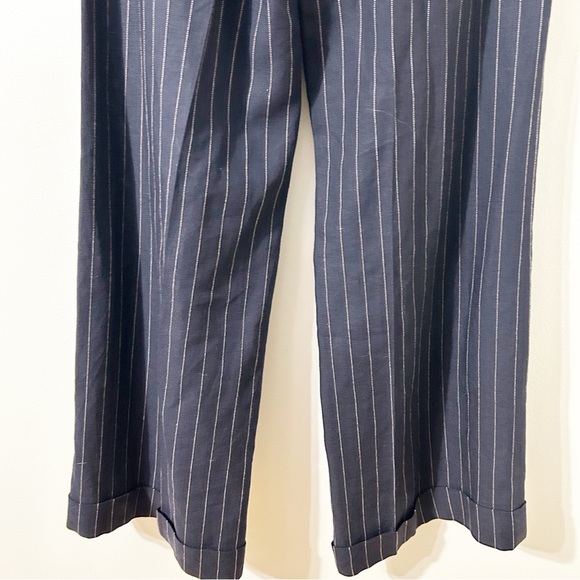 Ralph Lauren Navy and Pinstripe Wide Leg Cuffed Trousers Wool Linen Blend 💙🤍 - Picture 7 of 10